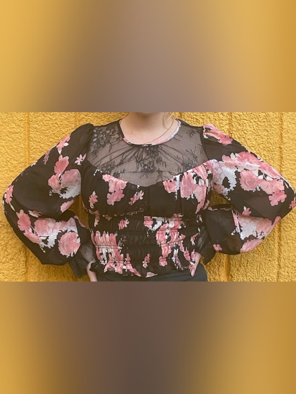 Free People Black Sheer Long-Sleeve Floral Smocked Blouse